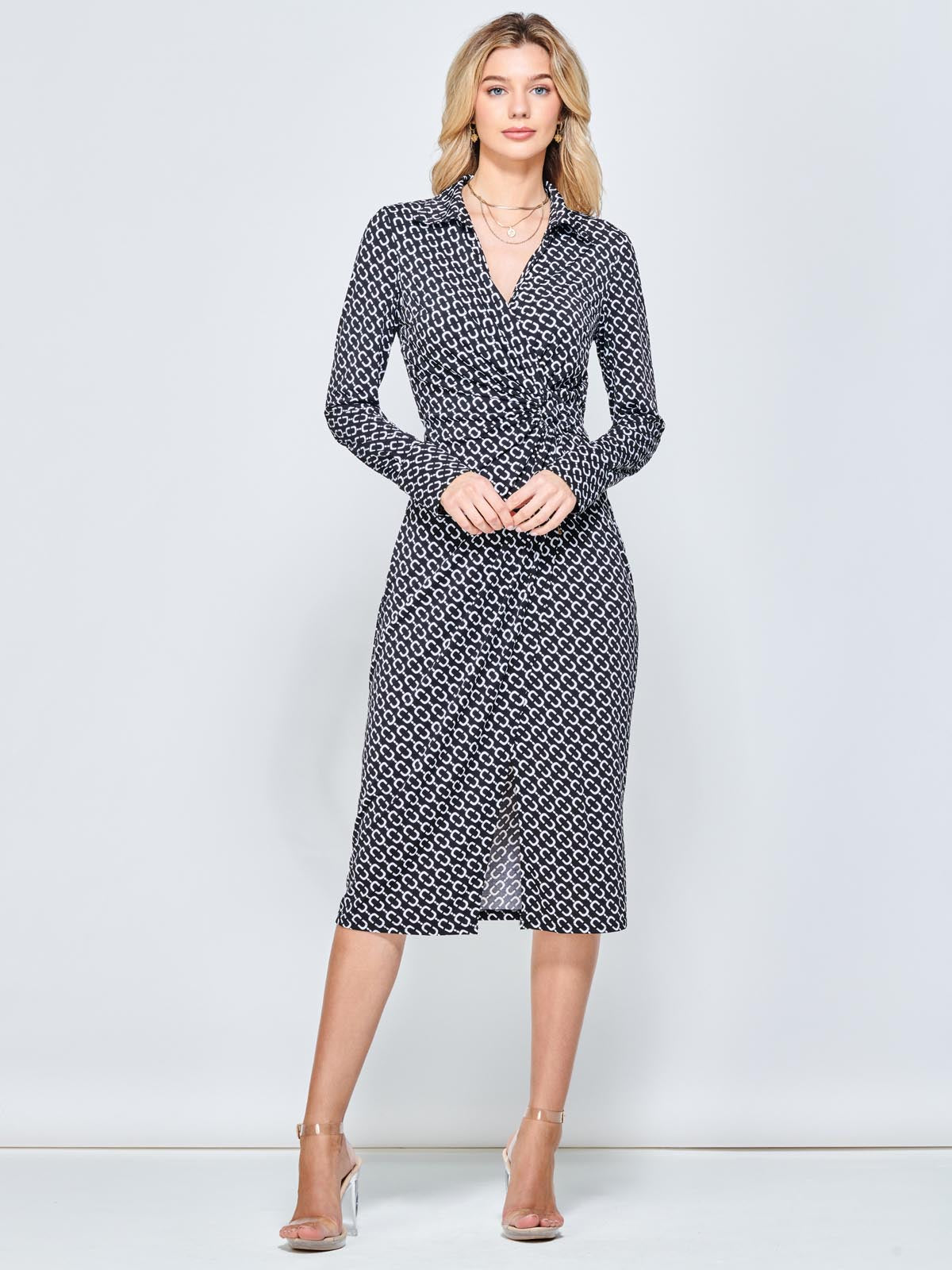 Wrap Twist Detail Midi Shirt Dress, Black Pattern