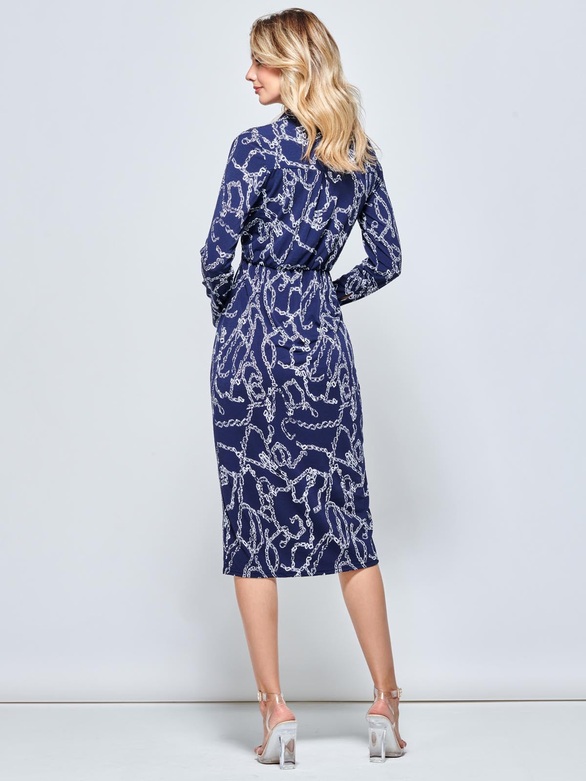 Wrap Twist Detail Midi Shirt Dress, Navy Pattern
