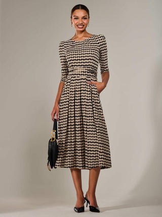 Jersey Half Sleeve Pleated Midaxi Dress, Stone/Black