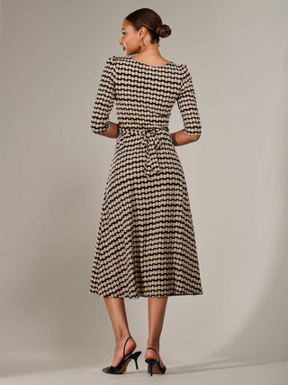 Jersey Half Sleeve Pleated Midaxi Dress, Stone/Black