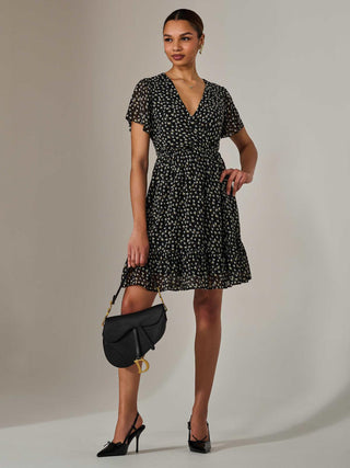 Chiffon Short Sleeve Tie Waist Mini Dress, Black Pattern