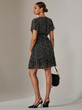Chiffon Short Sleeve Tie Waist Mini Dress, Black Pattern