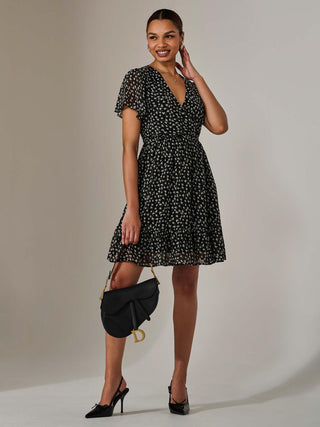 Chiffon Short Sleeve Tie Waist Mini Dress, Black Pattern