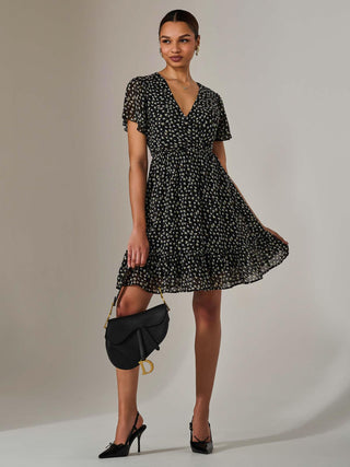 Chiffon Short Sleeve Tie Waist Mini Dress, Black Pattern