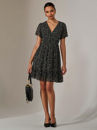 Chiffon Short Sleeve Tie Waist Mini Dress, Black Pattern