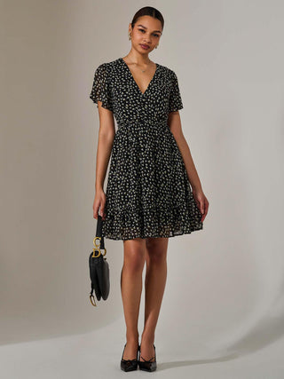Chiffon Short Sleeve Tie Waist Mini Dress, Black Pattern