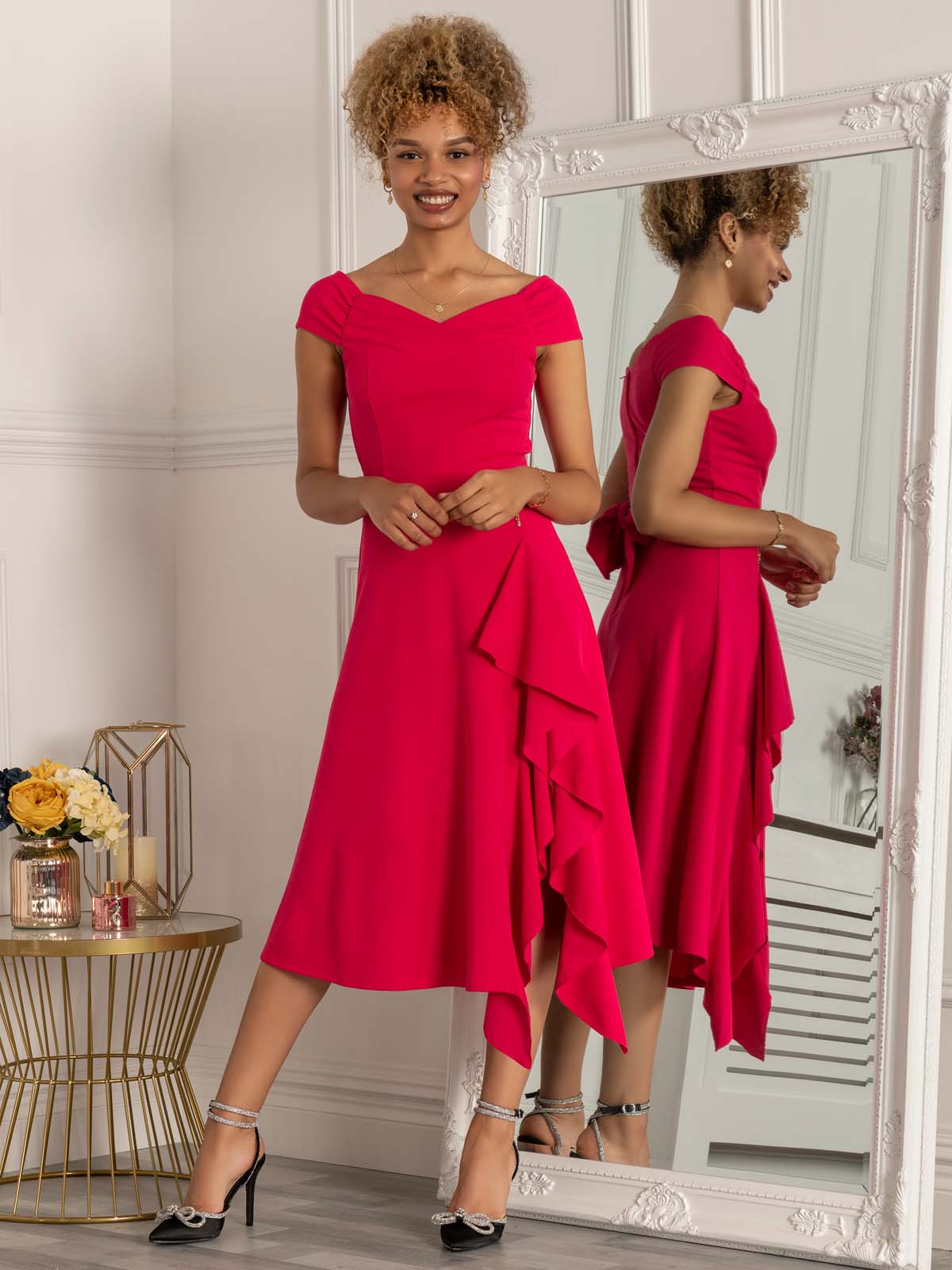 Desiree Frill Fit & Flare Dress, Cerise