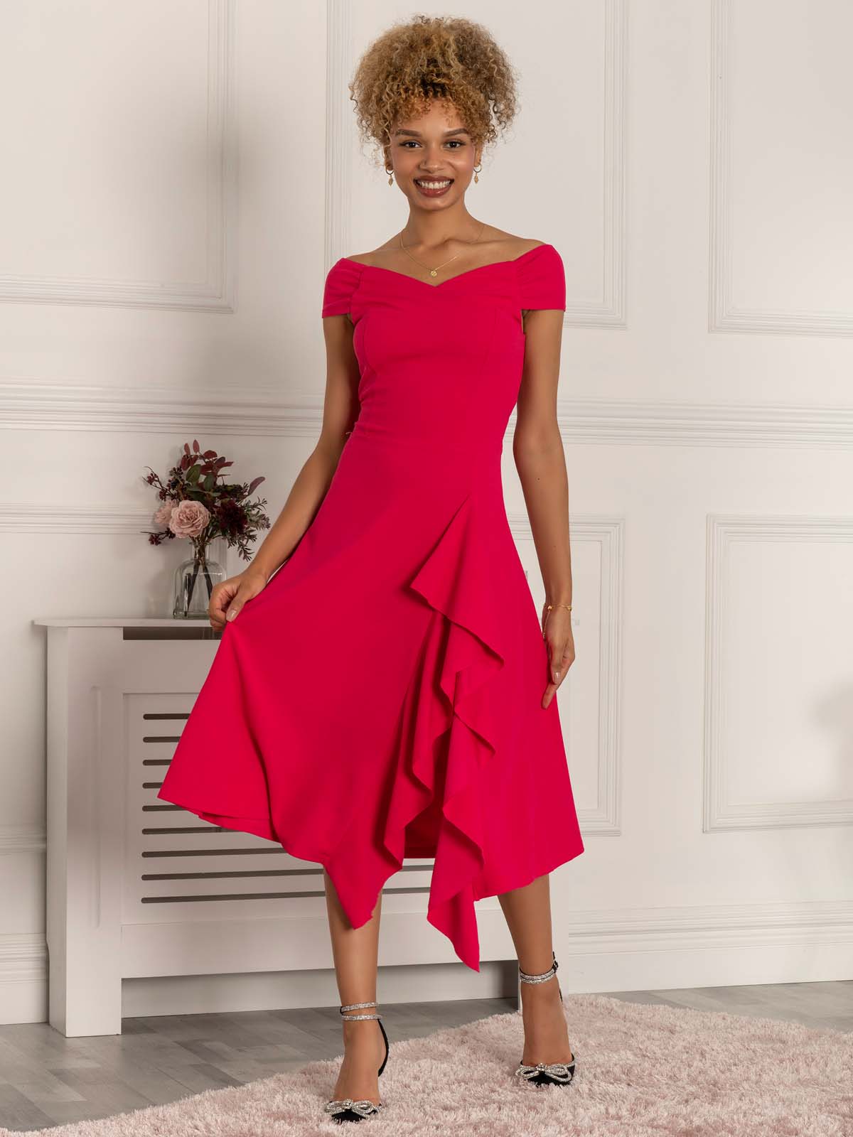 Desiree Frill Fit & Flare Dress, Cerise
