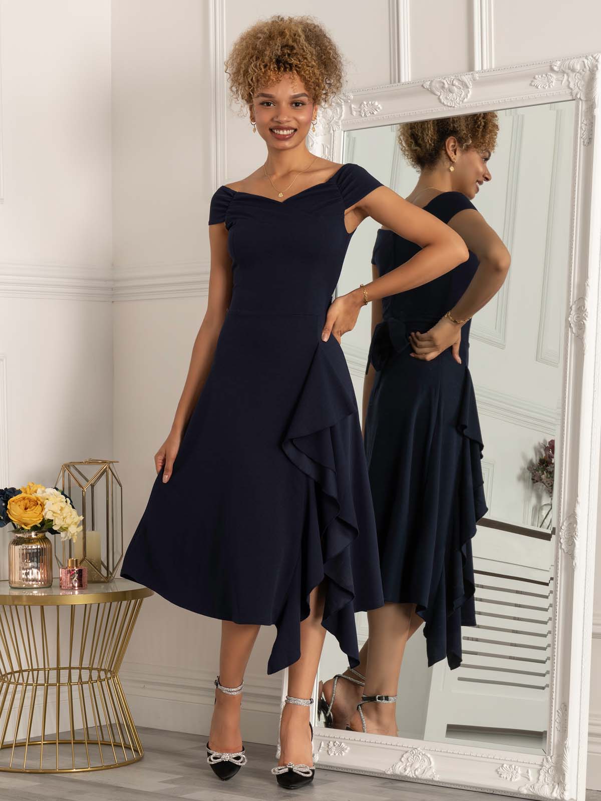 Desiree Frill Fit & Flare Dress, Navy