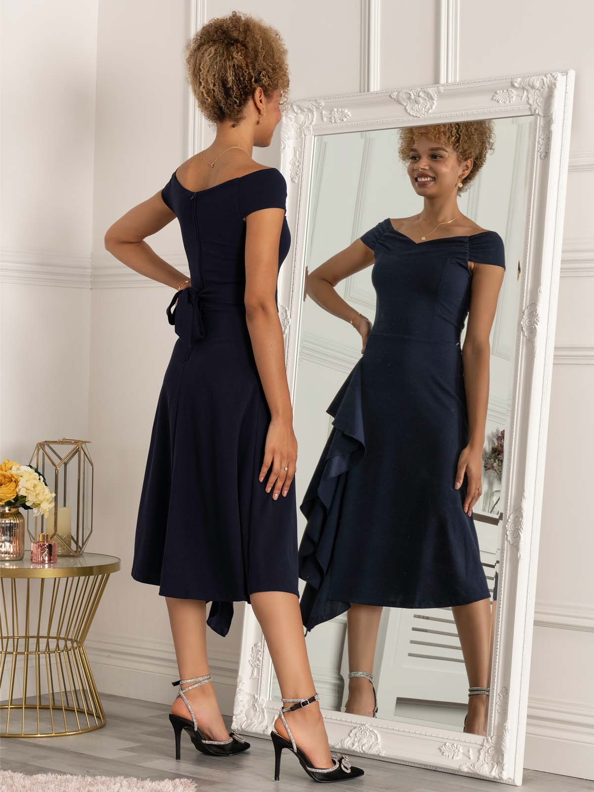 Desiree Frill Fit & Flare Dress, Navy