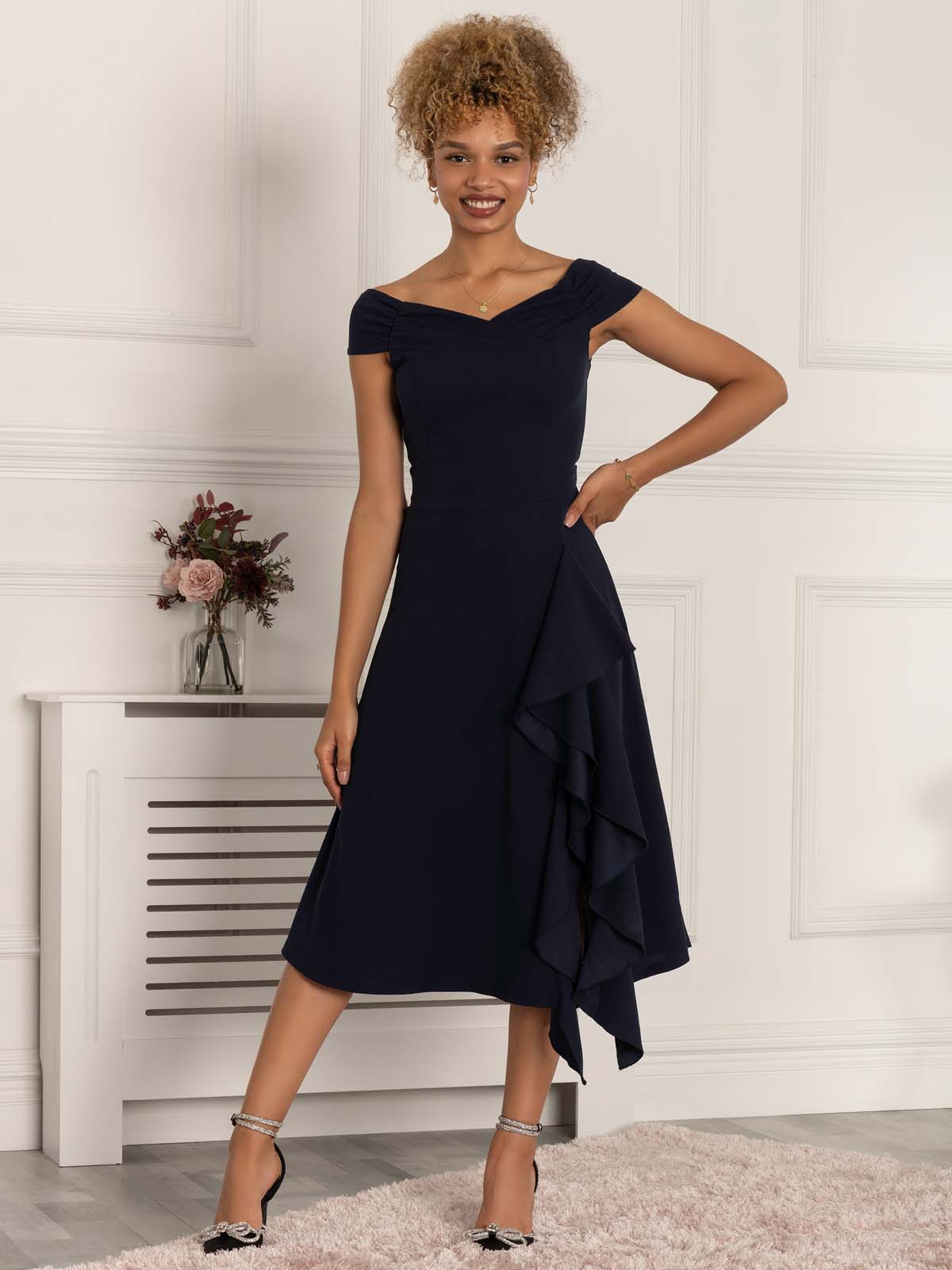 Desiree Frill Fit & Flare Dress, Navy