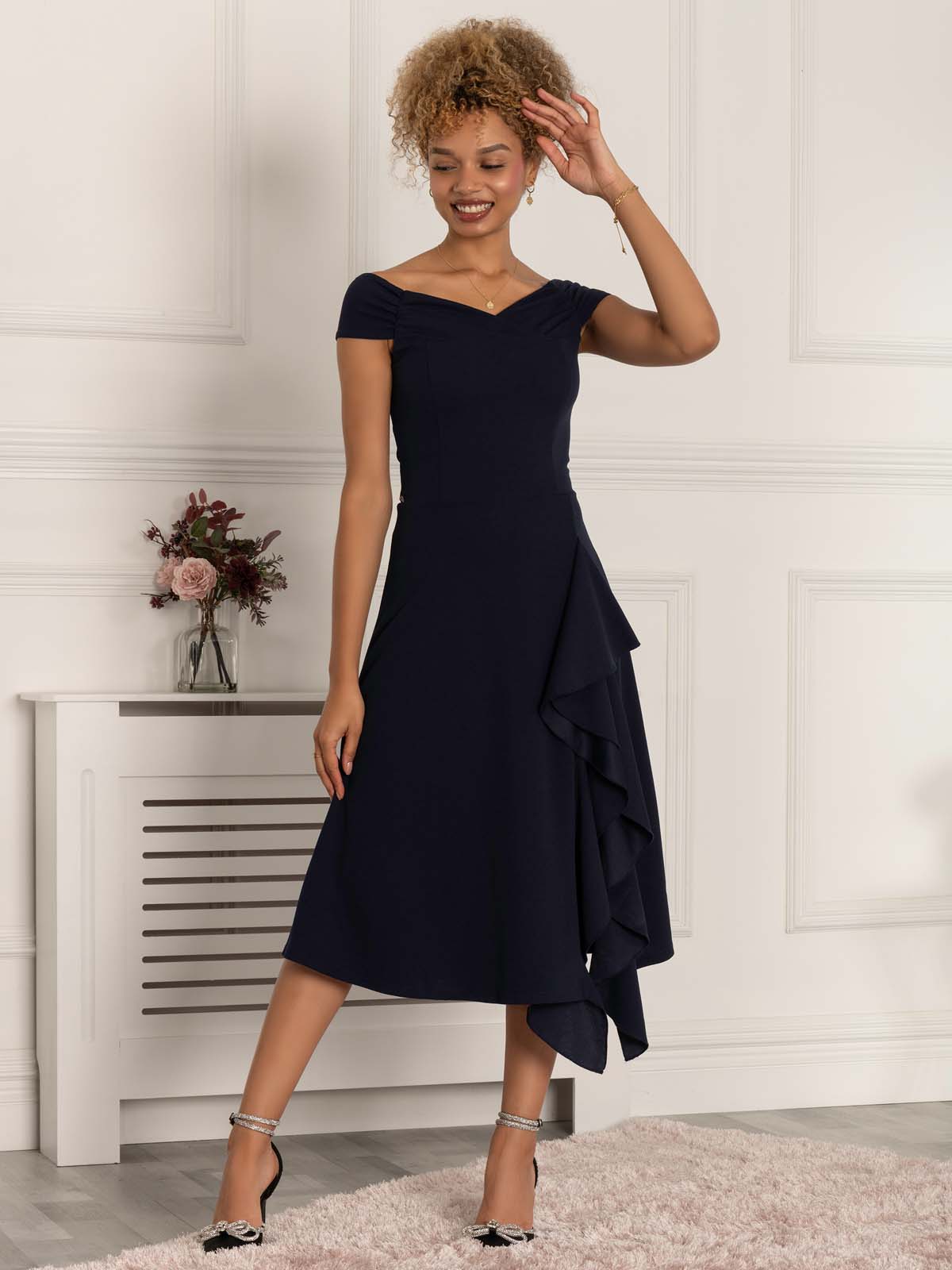 Desiree Frill Fit & Flare Dress, Navy