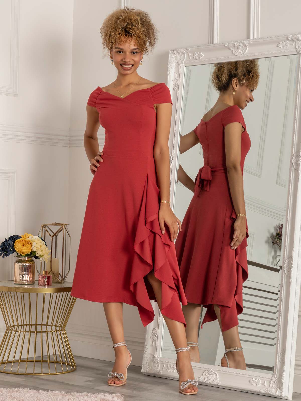 Desiree Frill Fit & Flare Dress, Rusty Red
