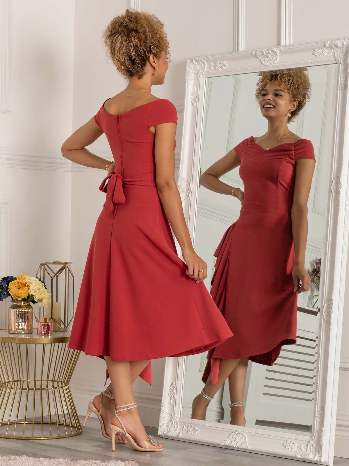 Desiree Frill Fit & Flare Dress, Rusty Red
