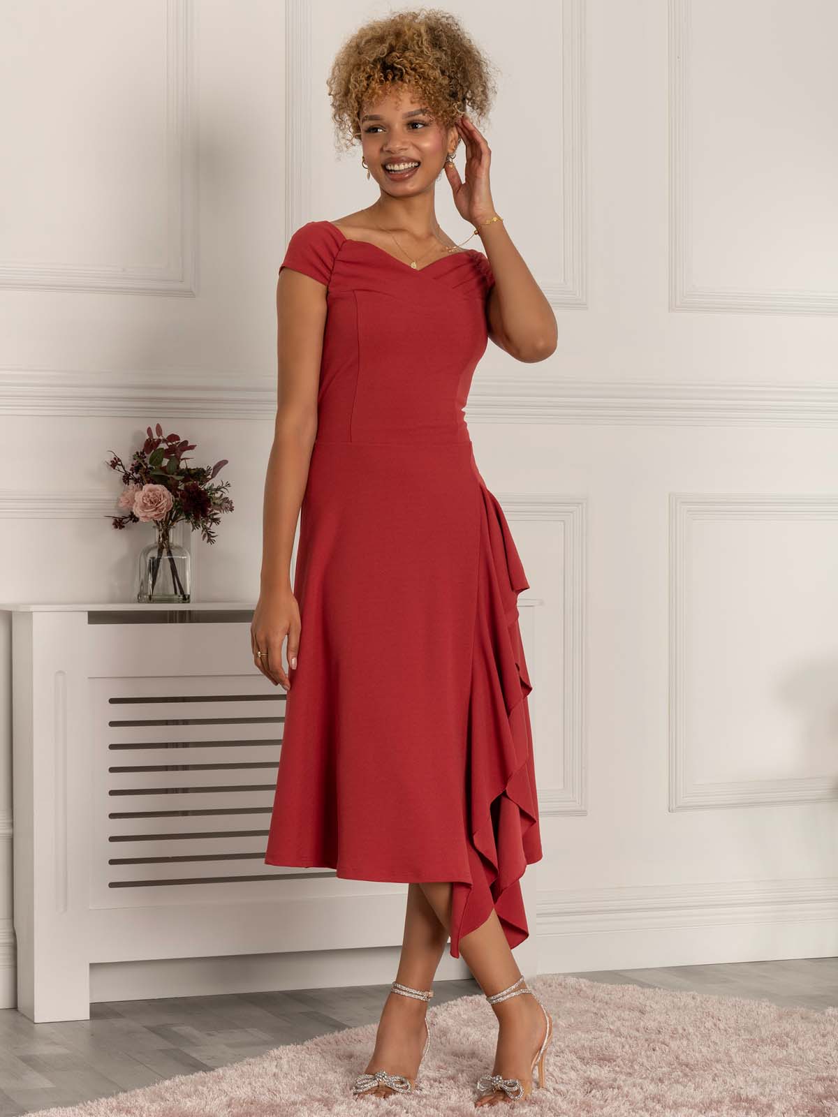 Desiree Frill Fit & Flare Dress, Rusty Red