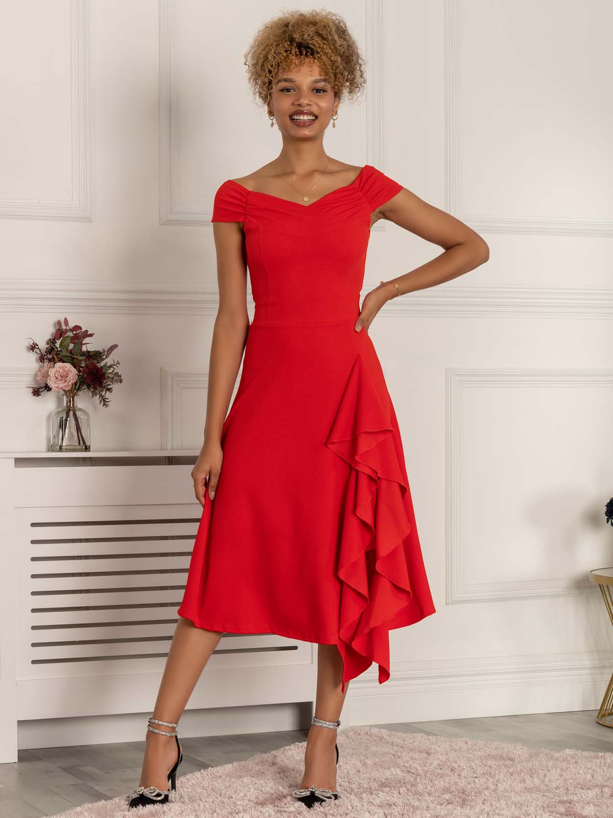 Desiree Frill Fit & Flare Dress, Scarlet Red