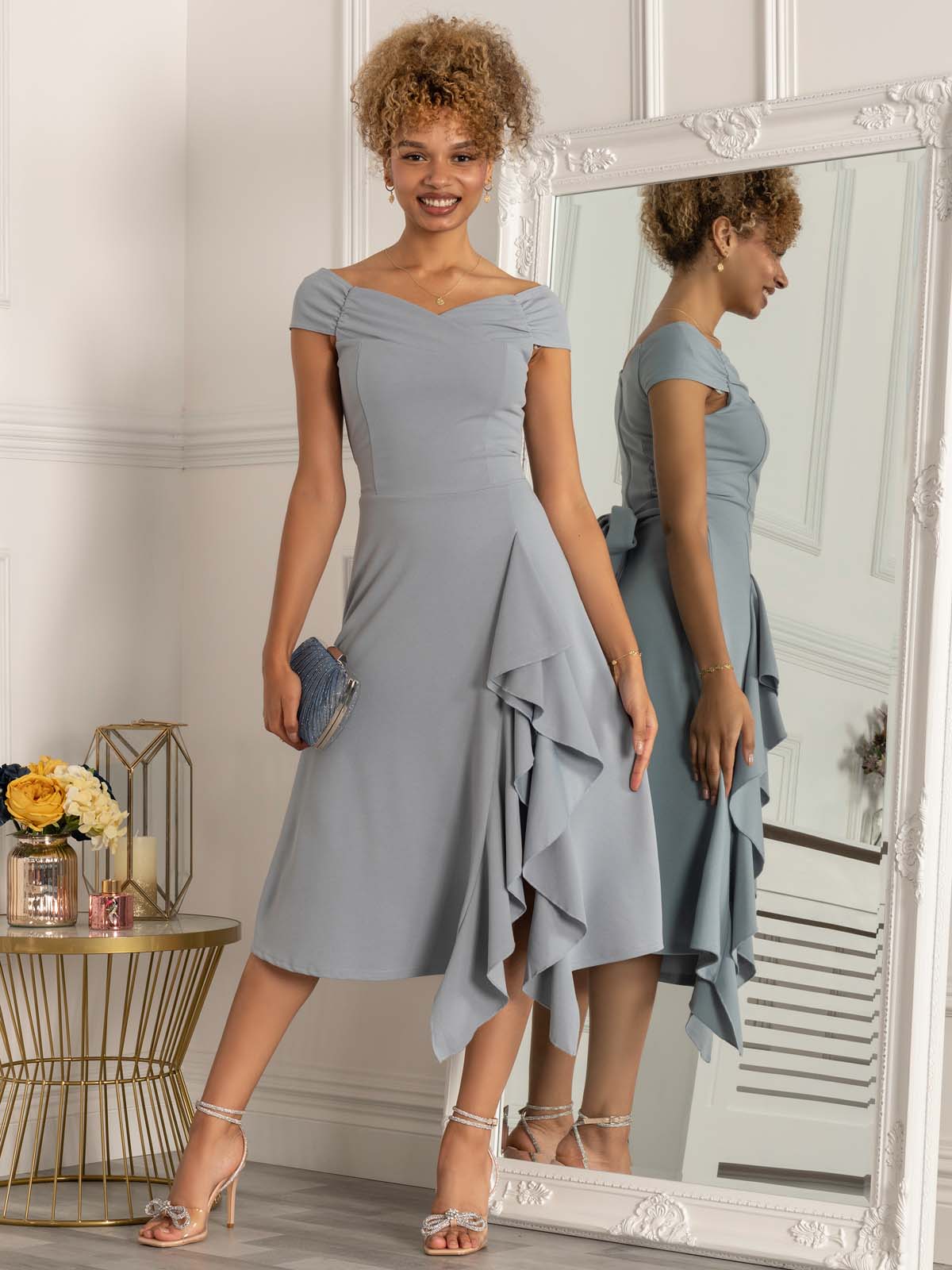 Desiree Frill Fit & Flare Dress, Steel Blue