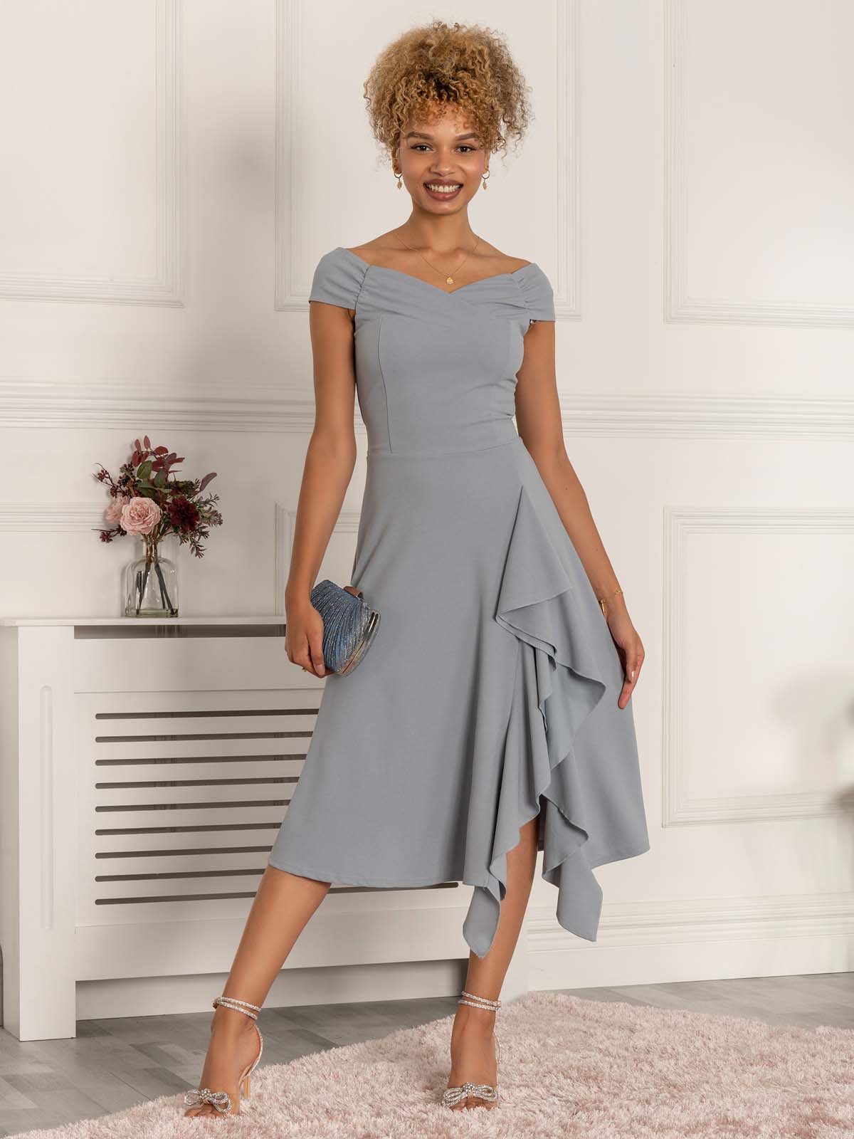 Desiree Frill Fit & Flare Dress, Steel Blue