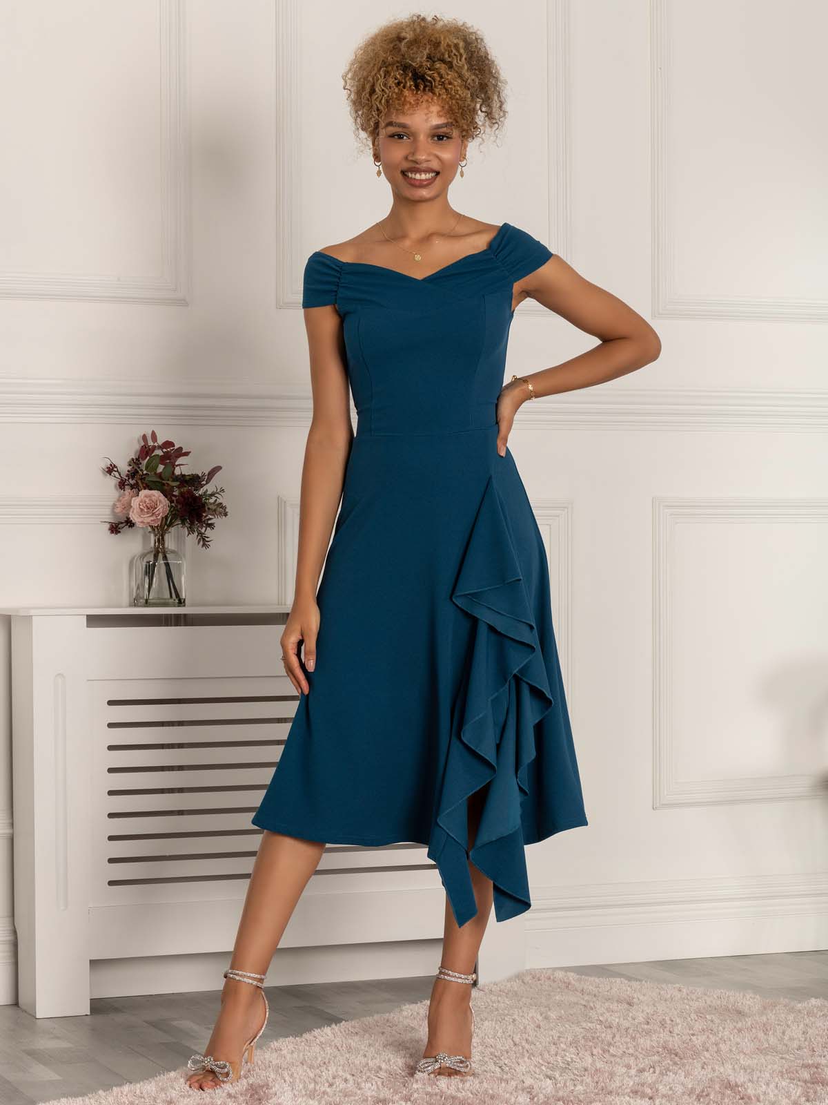 Desiree Frill Fit & Flare Dress, Teal