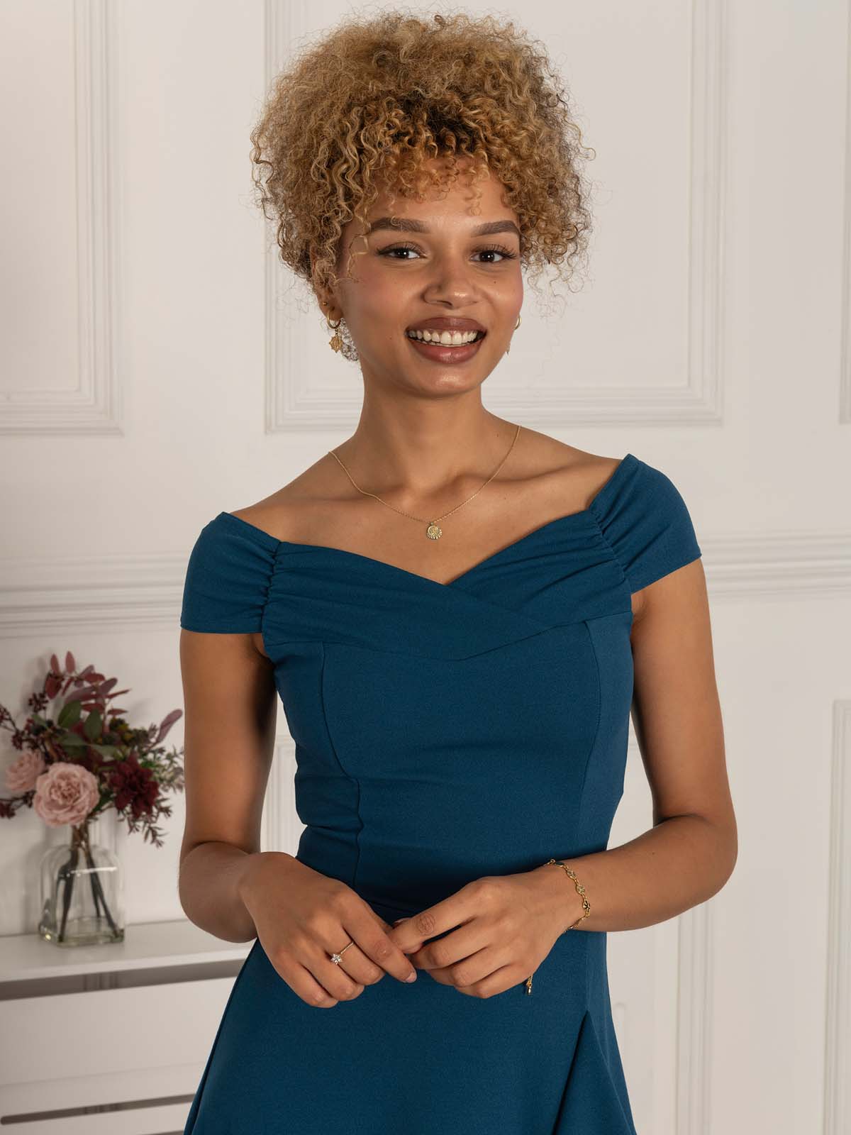 Desiree Frill Fit & Flare Dress, Teal
