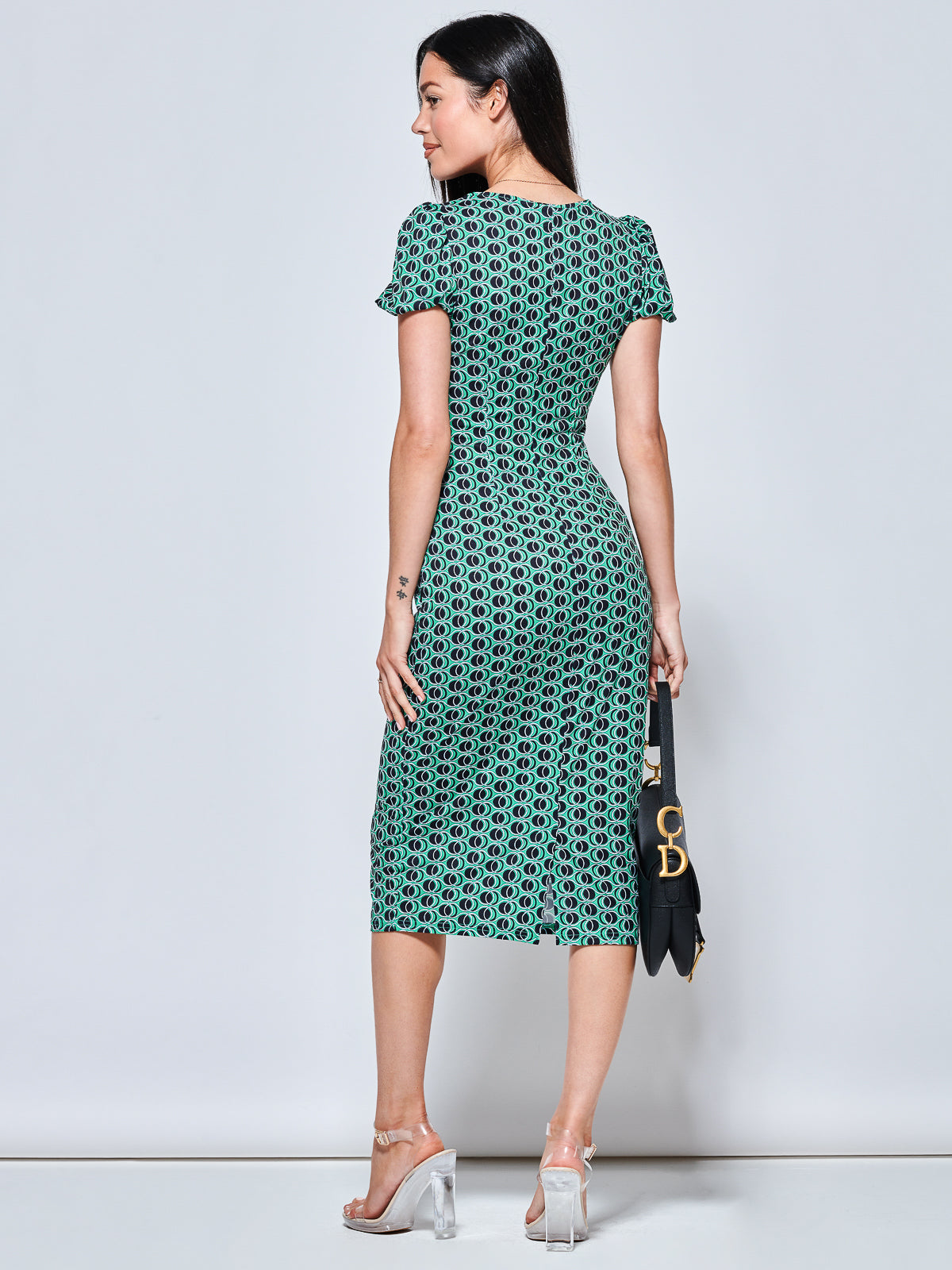 Short Sleeve Jersey Bodycon Midi Dress, Green Geo