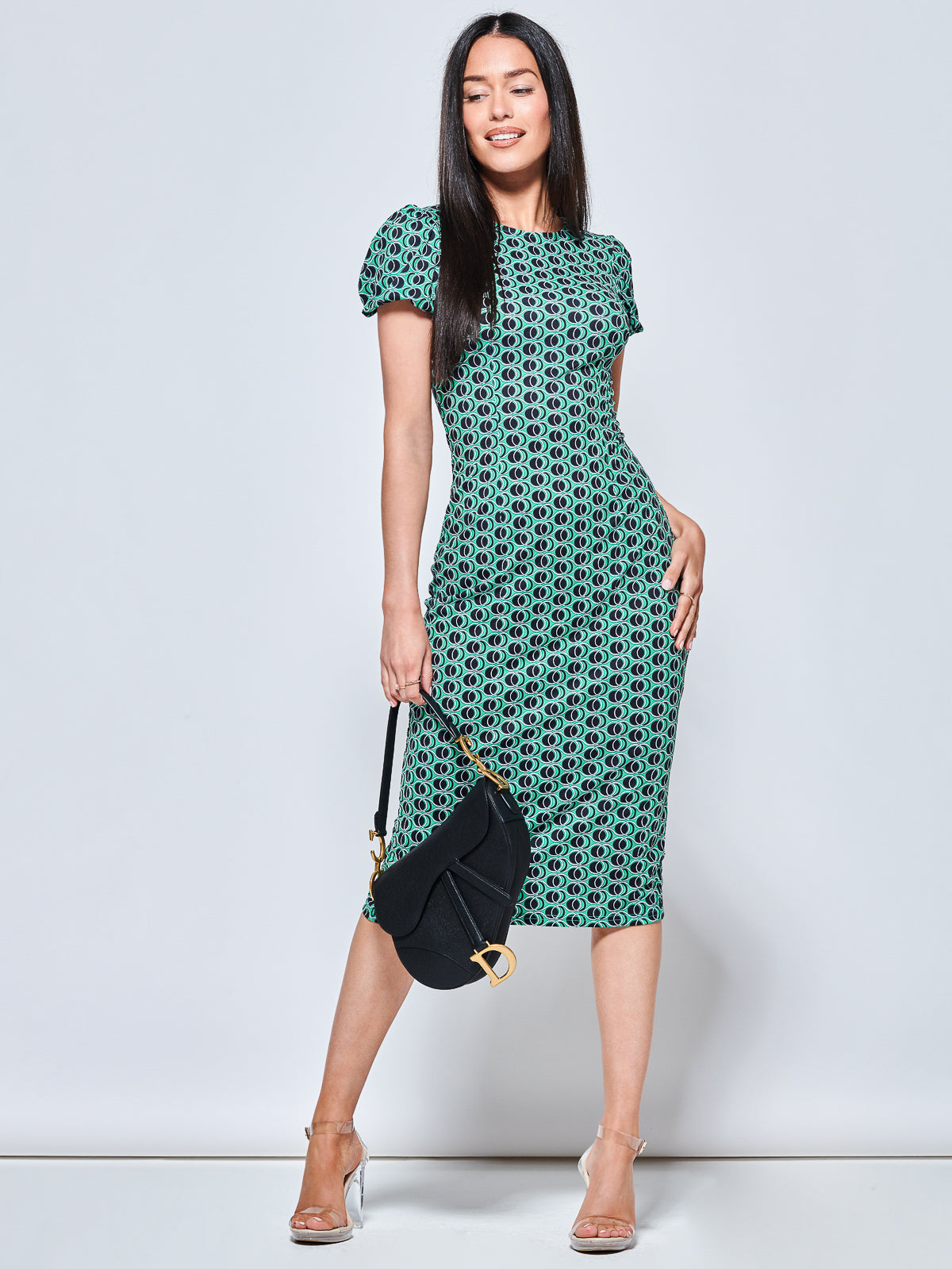 Short Sleeve Jersey Bodycon Midi Dress, Green Geo