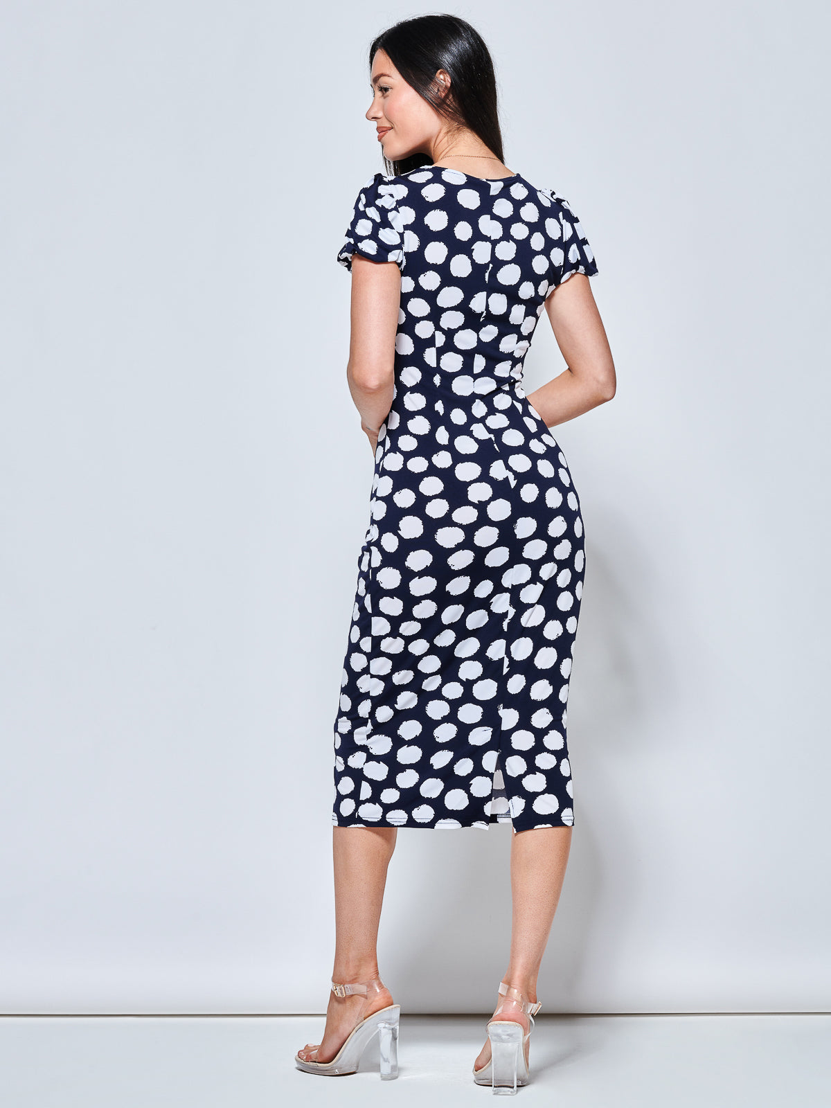 Short Sleeve Jersey Bodycon Midi Dress, Navy Polka Dot