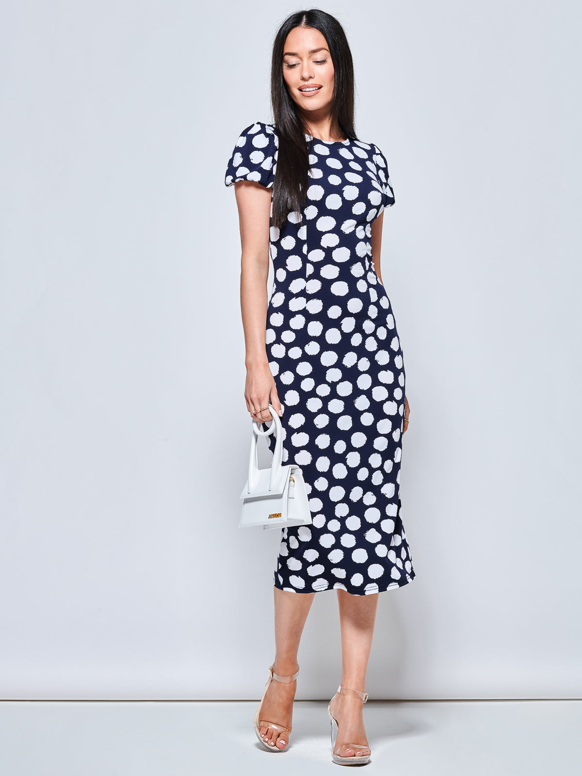 Short Sleeve Jersey Bodycon Midi Dress, Navy Polka Dot