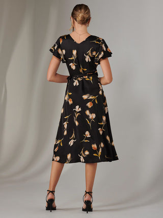 Wrap Front Midi Dress, Black Floral
