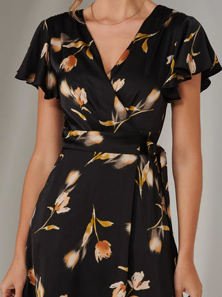 Wrap Front Midi Dress, Black Floral