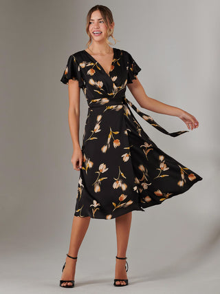 Wrap Front Midi Dress, Black Floral