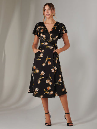 Wrap Front Midi Dress, Black Floral