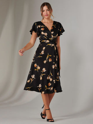Wrap Front Midi Dress, Black Floral