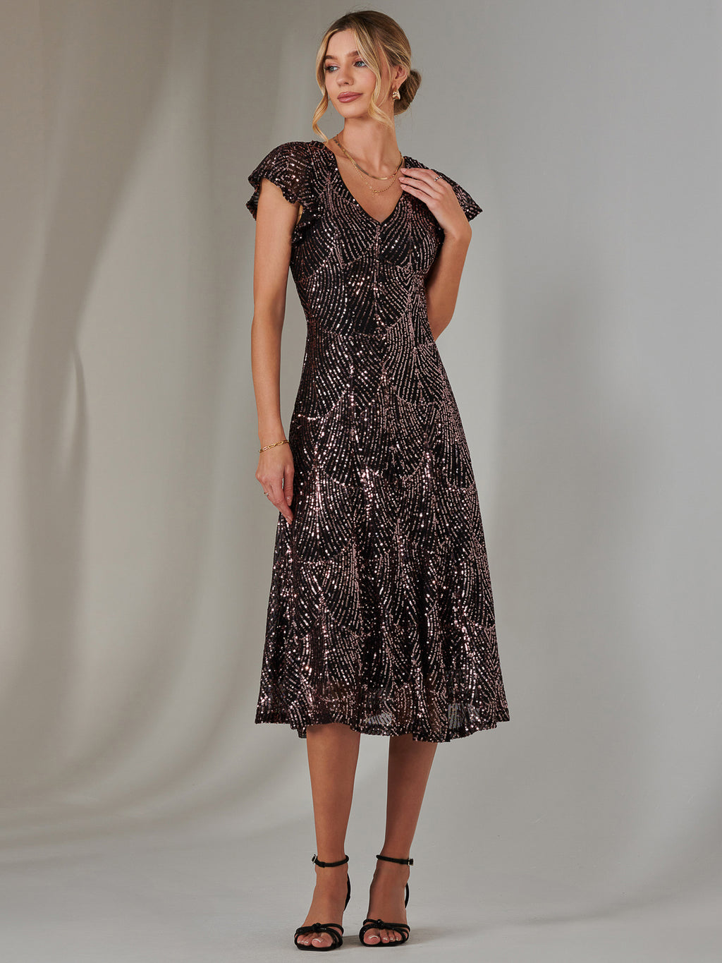 Sequin V Neck FIt & Flare Midaxi Dress, Black Rose Gold – Jolie Moi