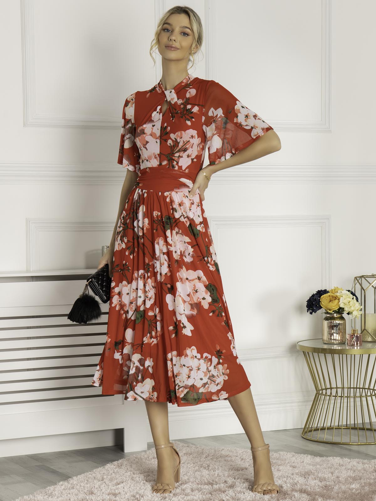 Danika Keyhole Neck Mesh Dress, Red Floral