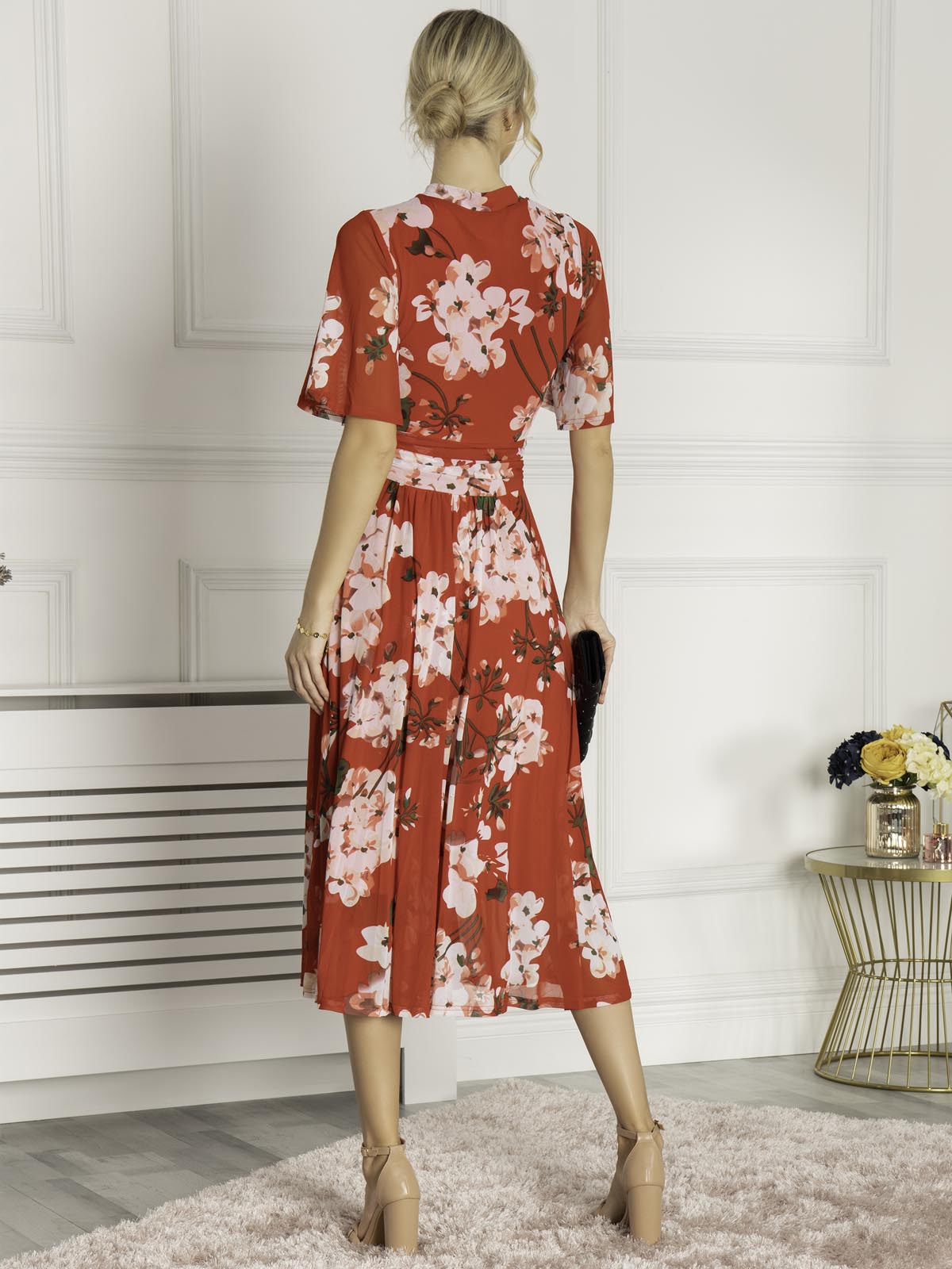 Danika Keyhole Neck Mesh Dress, Red Floral