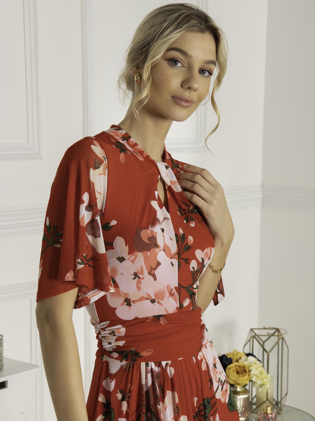 Danika Keyhole Neck Mesh Dress, Red Floral