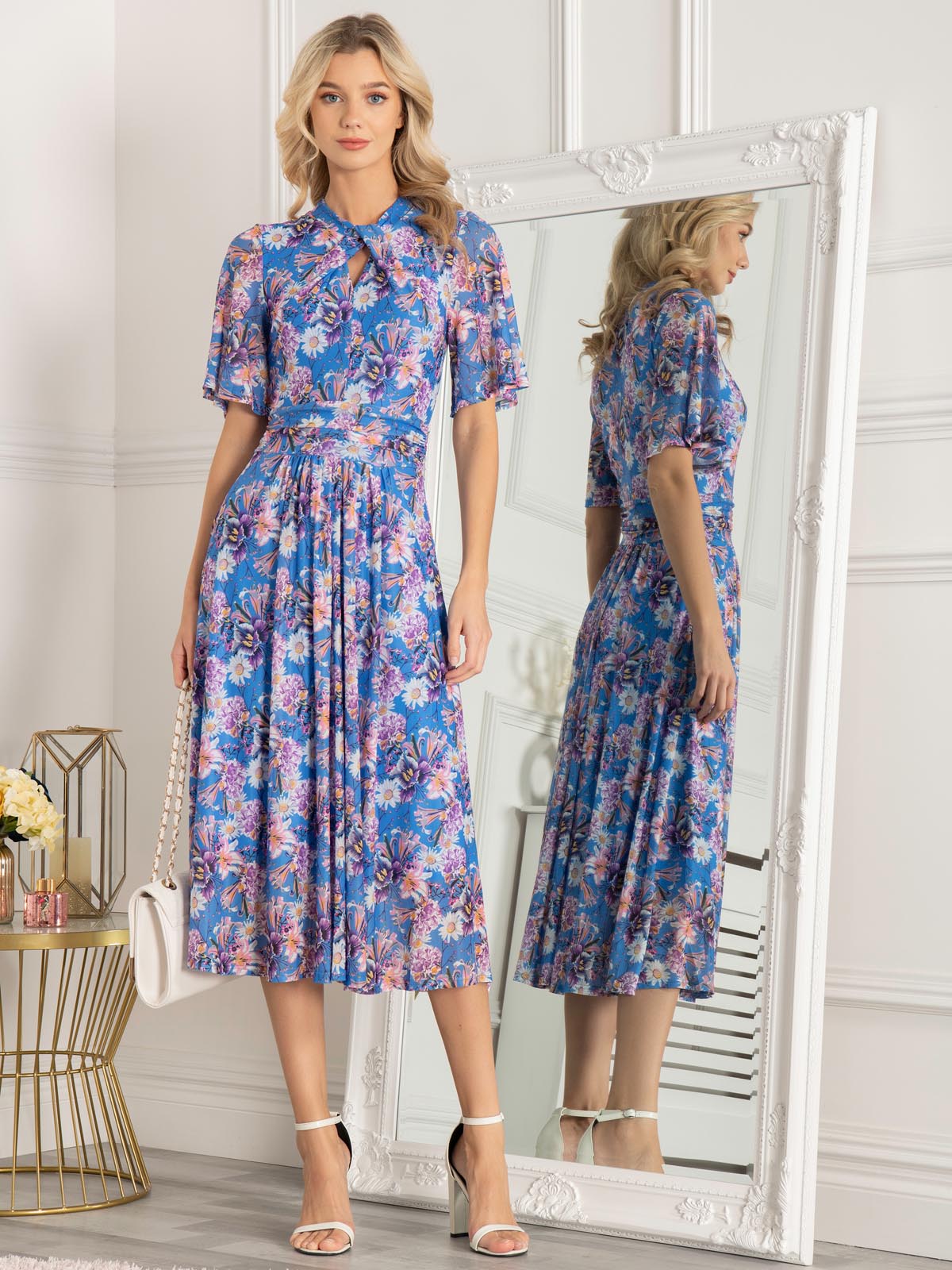 Danika Keyhole Neck Mesh Dress, Royal Multi