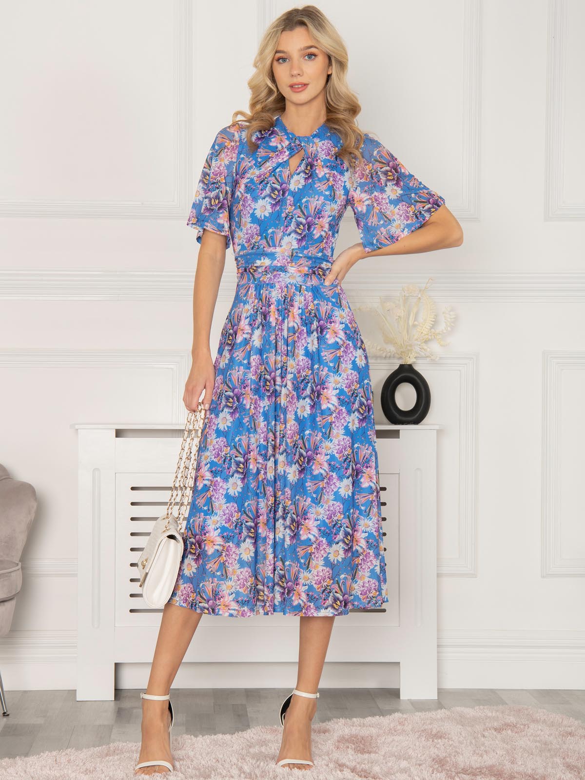 Danika Keyhole Neck Mesh Dress, Royal Multi