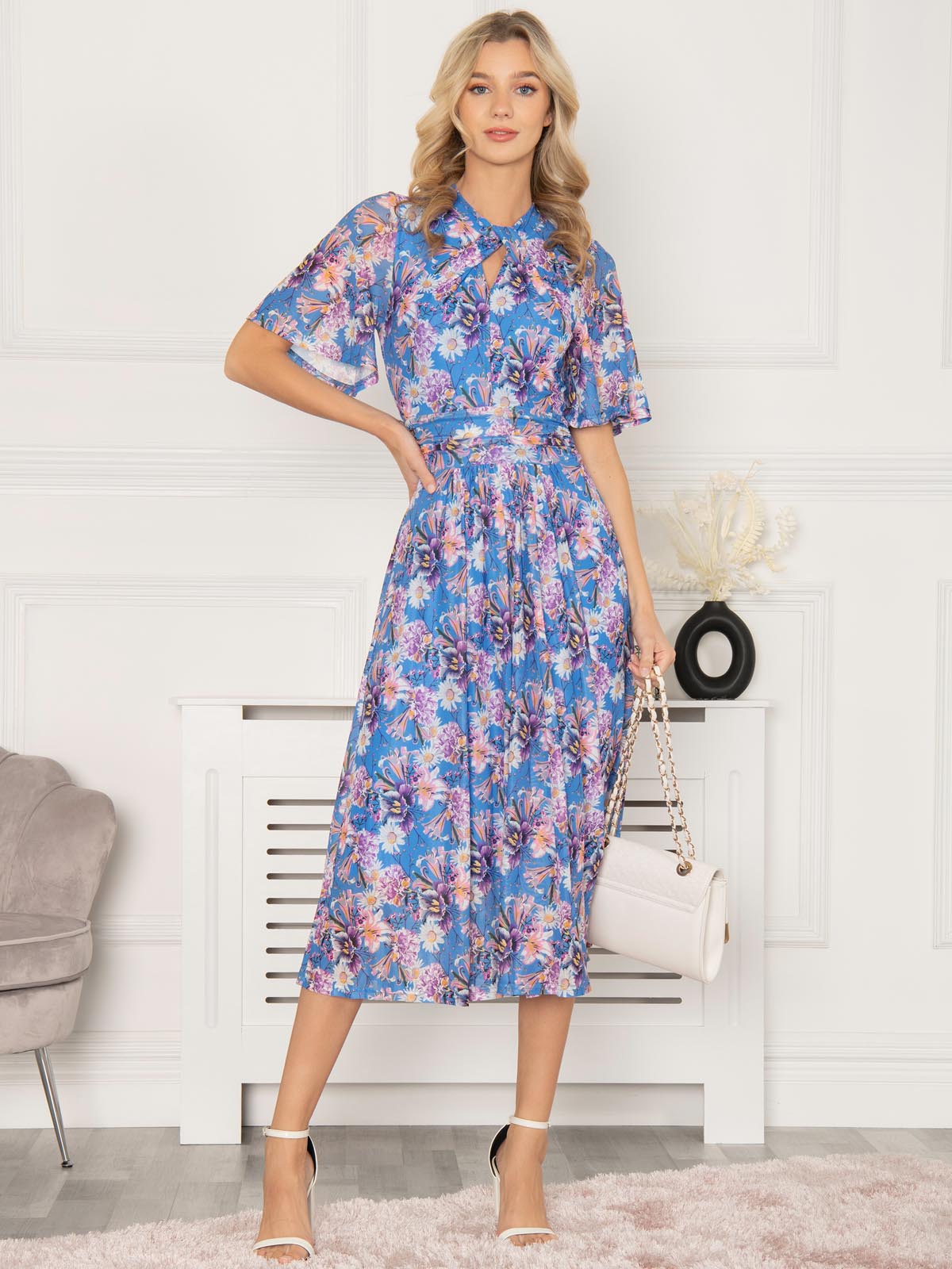Danika Keyhole Neck Mesh Dress, Royal Multi