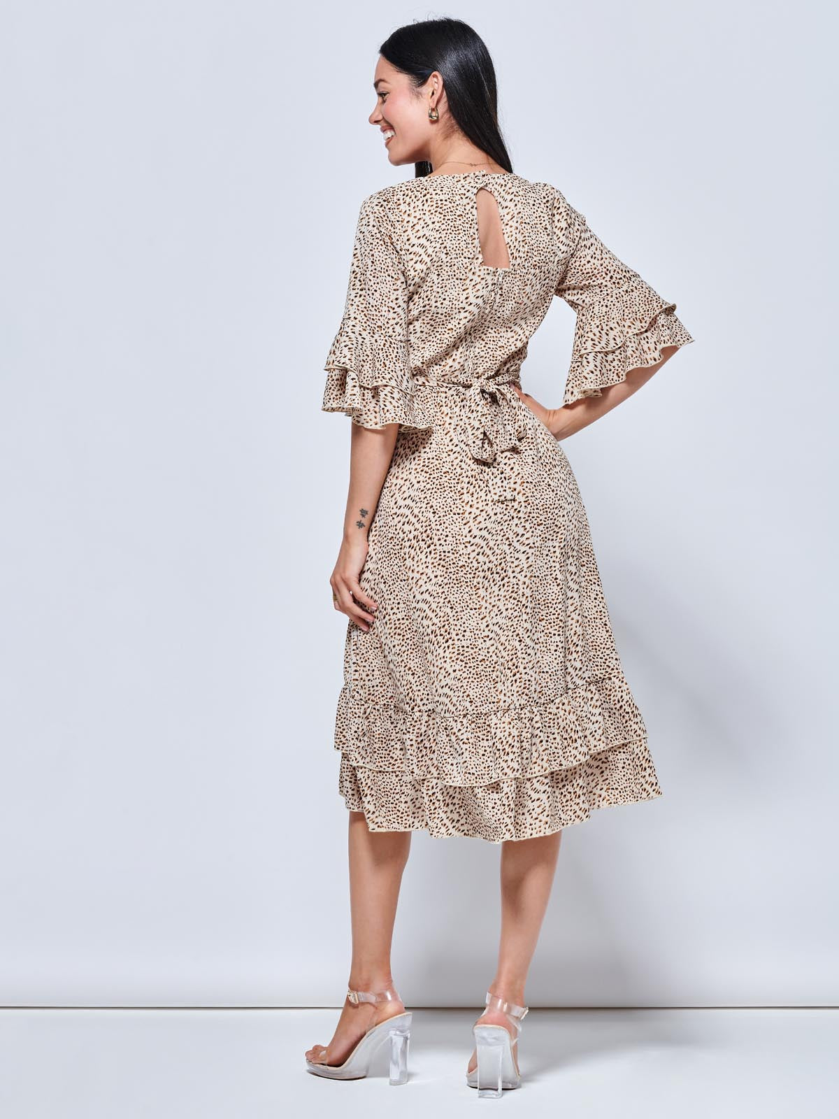 Litzy Print Flute Sleeve Midi Dress, Animal Multi