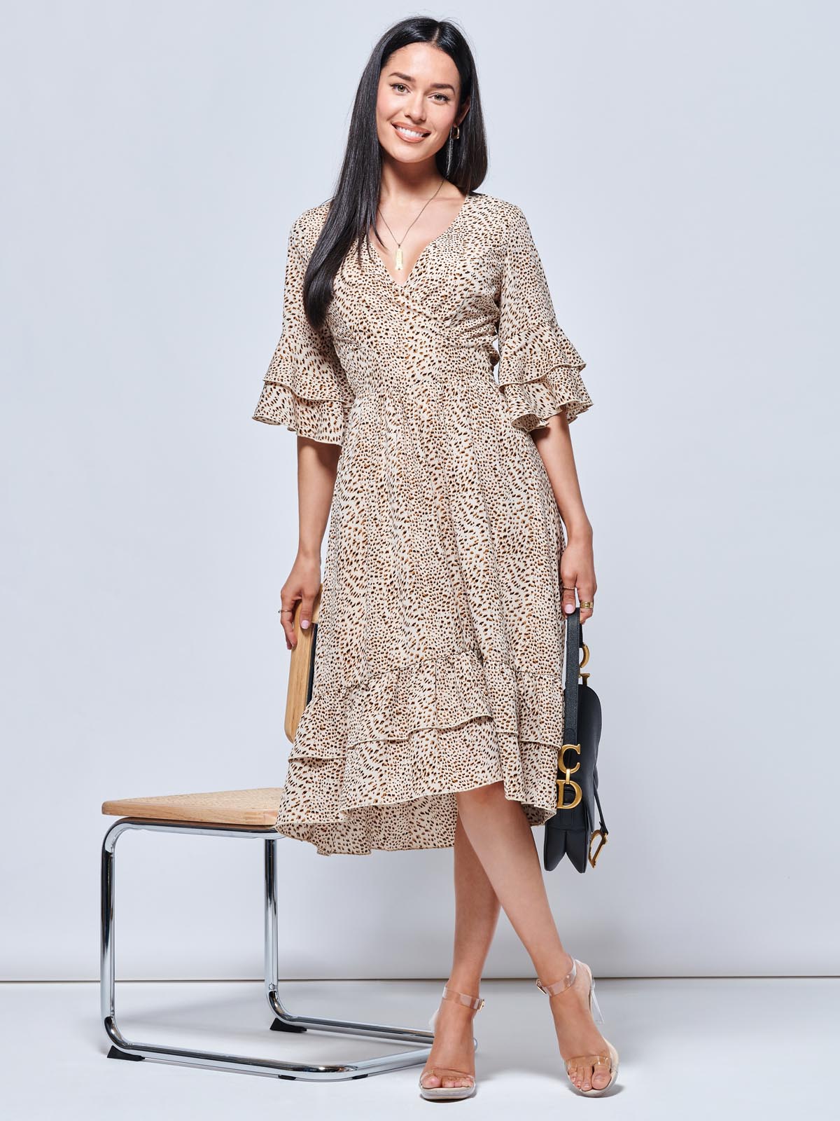 Litzy Print Flute Sleeve Midi Dress, Animal Multi