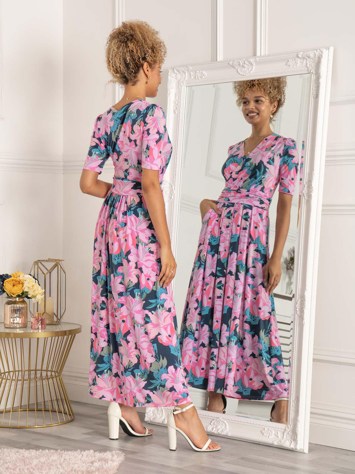 Calais Half Sleeve Maxi Dress, Pink Multi