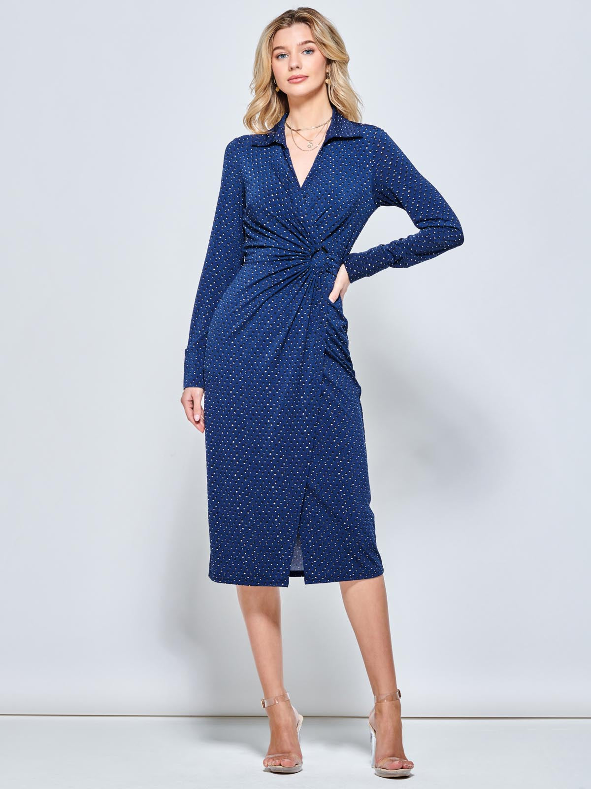 Spot Print Wrap Midi Shirt Dress, Navy Spot