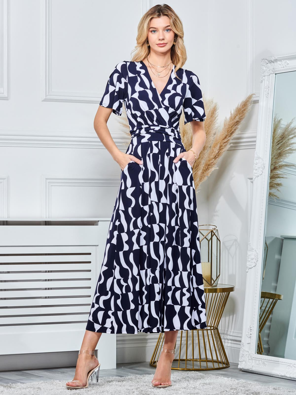 Print Angel Sleeve Jersey Maxi Dress, Navy Pattern