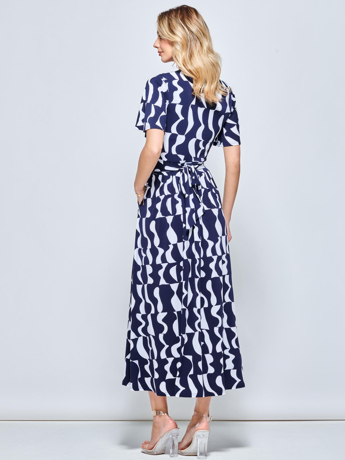 Print Angel Sleeve Jersey Maxi Dress, Navy Pattern