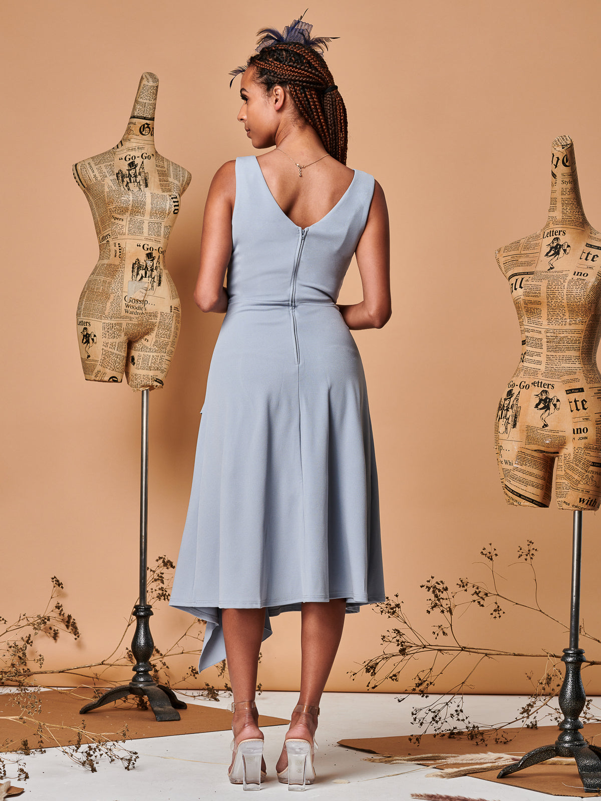 Fit & Flare Ruffle Detail Midi Dress, Dusky Blue