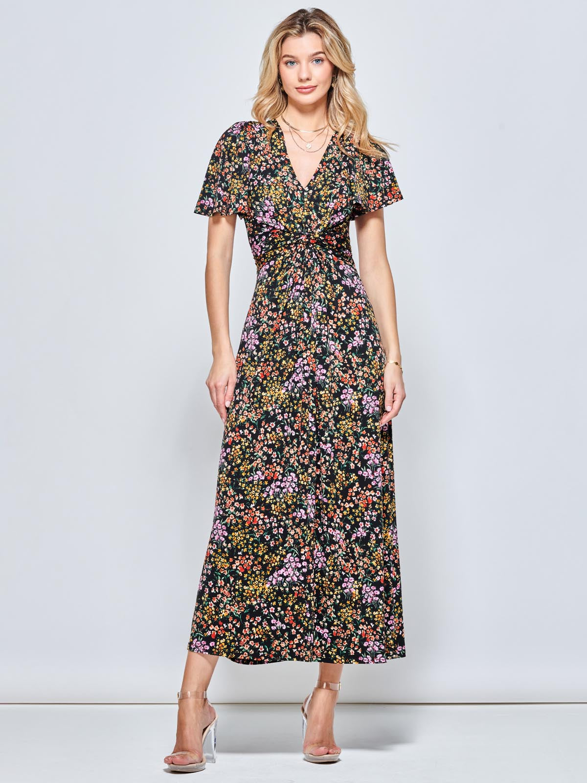 V Neck Twist Front Jersey Maxi Dress, Black Ditsy