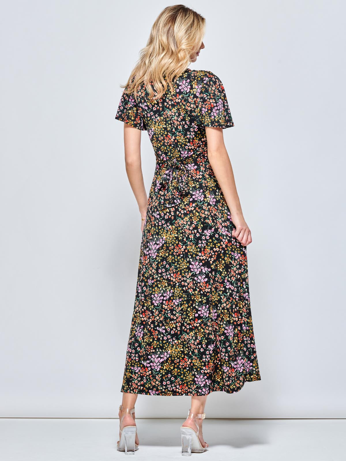 V Neck Twist Front Jersey Maxi Dress, Black Ditsy