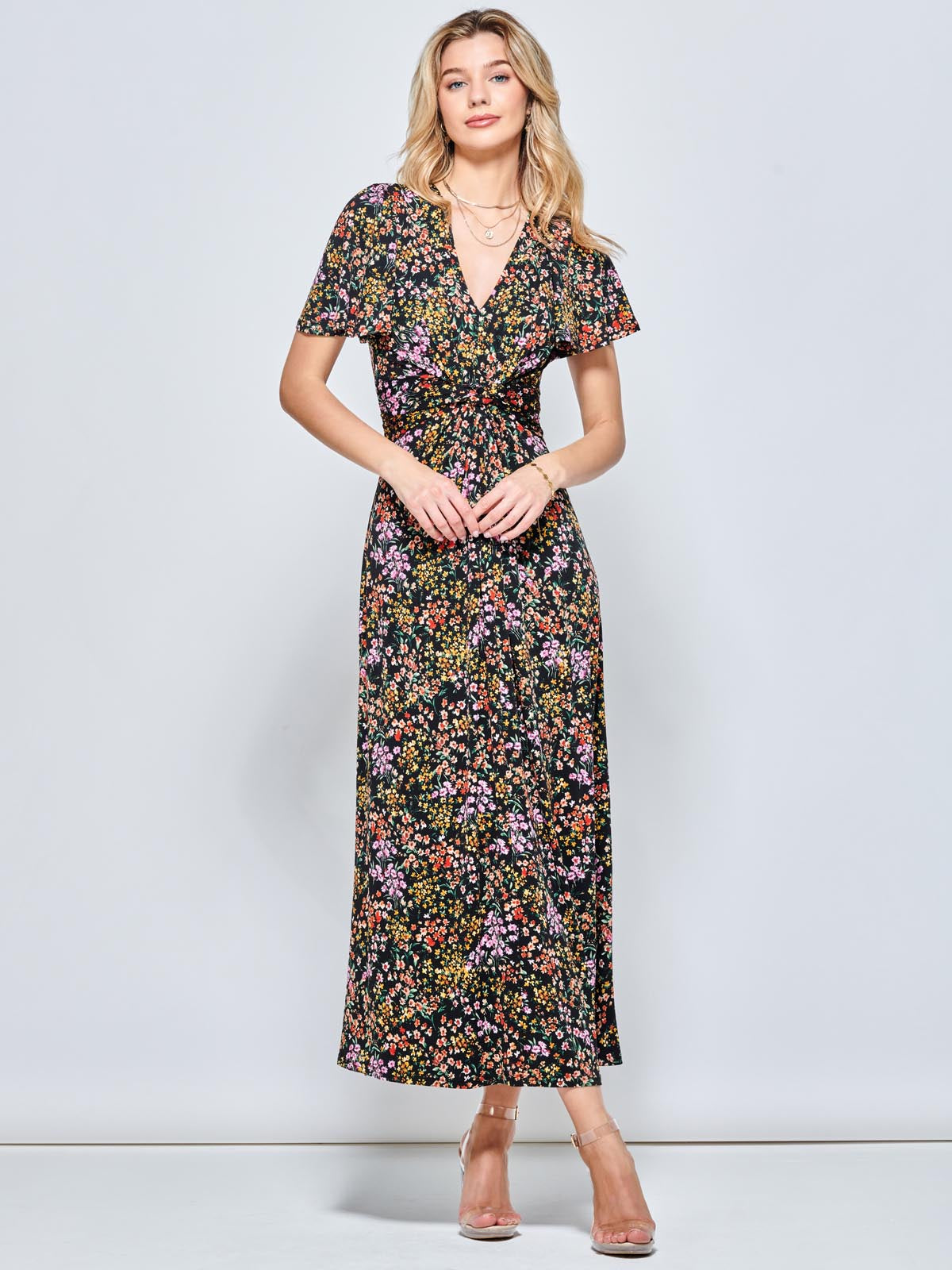 V Neck Twist Front Jersey Maxi Dress, Black Ditsy